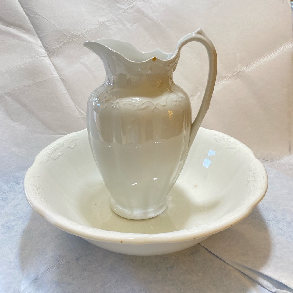 Antique Royal Ironstone China White Wash Basin & Pitcher